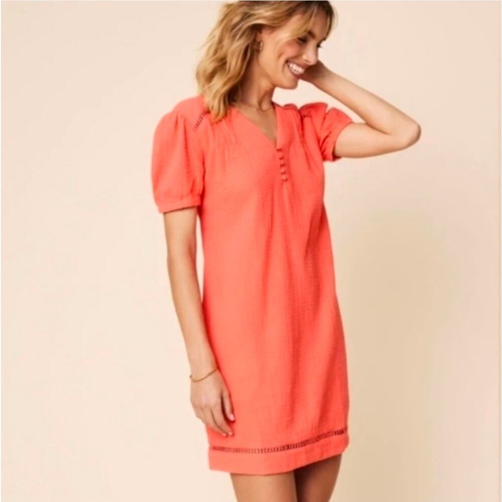 UNTUCKit Her Coral Gauze Kasey Dress Puff Sleeve V Neck Lightweight Dress XS